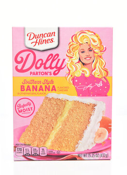 IRVINE, CALIFORNIA - 1 APR 2022: A box of Dolly Parton, Southern Style Banana Cake mix by Duncan Hines.