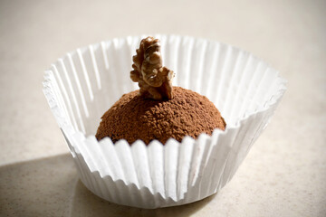 Chocolate truffle made of ganache, sprinkled with cocoa powder and decorated with a piece of walnut, is served in a capsule made of corrugated paper.