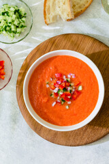 Traditional spanish cold tomato soup of fresh raw vegetables