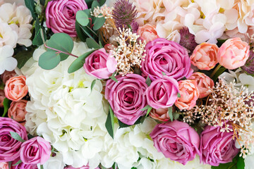 Floral background. Roses, eucalyptus, hydrangea, tulips. Spring flowers.