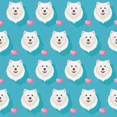 Seamless vector pattern with Samoyed and hearts