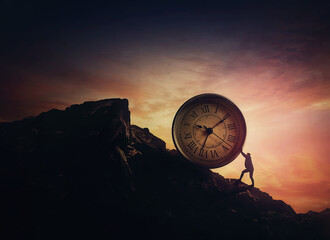 Surreal scene with a businessman pushing a clock up a hill. Time management as business concept. Schedule efficiency, deadline planning and control - obrazy, fototapety, plakaty