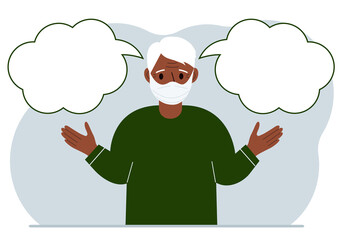 A grandfather with a medical mask is trying to make the right decision. Left and right are empty bubbles. Comparison of the two solutions.