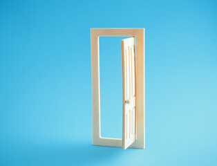 Open door on blue background. Modern minimal art poster.