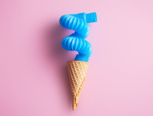 Creative summer promotion poster. Copy space. Waffle cone with pop up tube on pink background.