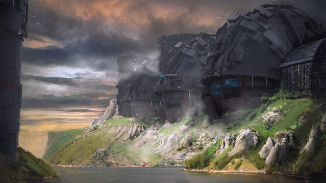 Digital 3D illustration of a large sci-fi structure built into a grassy cliff on the water - fantasy environment painting