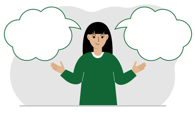 A satisfied woman tries to make the right decision. Left and right are empty bubbles. Comparison of the two solutions.