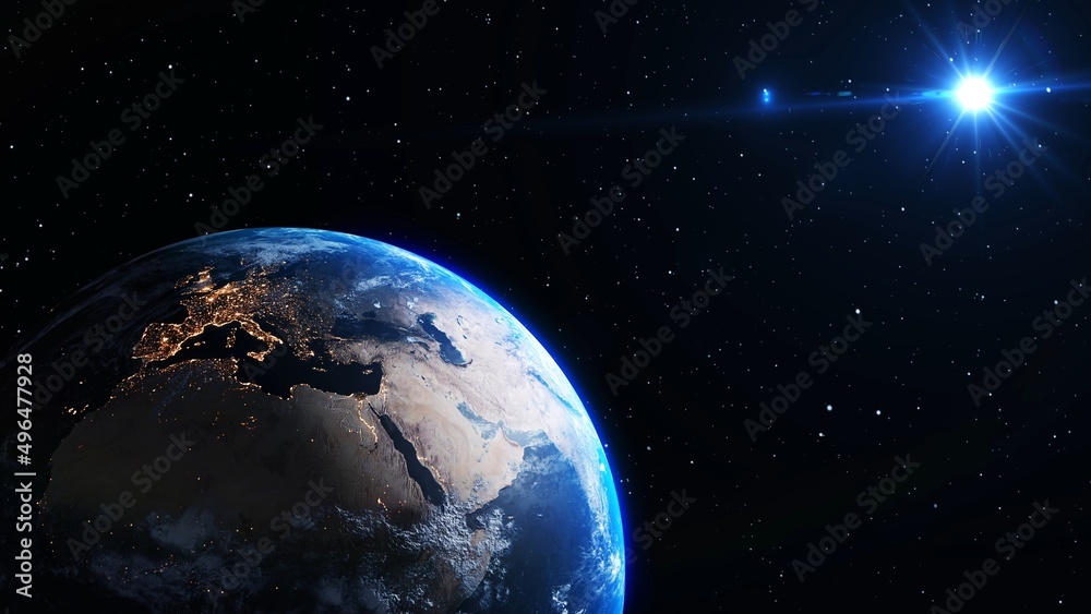 Wall mural planet earth with realistic geography surface and orbital 3d cloud atmosphere . outer space view of 
