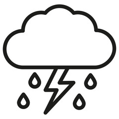 Ikona burza z piorunami i deszczem. Grafika wektorowa chmura, błyskawica, ulewa. 