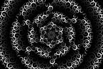 seamless circular circle  Black and white caleidoscope gradient flower art pattern of indonesian traditional tenun batik ethnic dayak ornament for wallpaper ads background 
