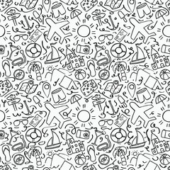 Travel vacation set of icons, journey and trip background. Doodle summer travel icons. Summer seamless pattern. travel icons on white background. Vacation vector pattern with travel icons