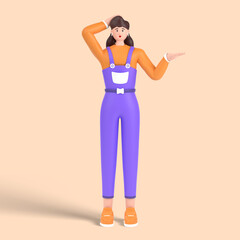 3d female character confused and annoyed with open palm showing copy space and holding hand on head
