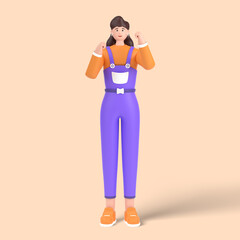 3d female character is celebrating victory, expressing positive emotion. Successful smiling