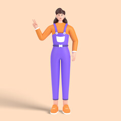 3d female character showing fingers doing victory sign, number two