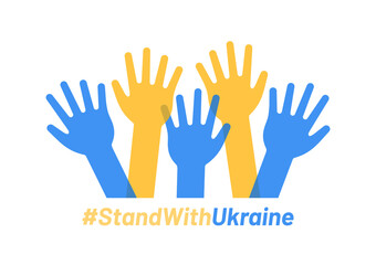 Obraz premium We stand with Ukraine text banner. Raised hand symbol of peace vector illustration.