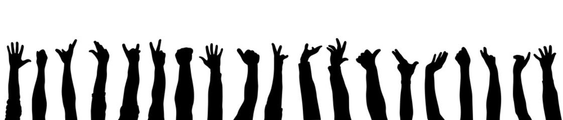 Cheering raised hands of people, silhouettes. Vector illustration