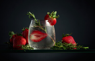 Cocktail gin tonic with ice, strawberries, and rosemary.