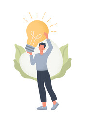 Concept of creativity. Man with burning light bulb in hands, metaphor for creativity. Idea and inspiration, character looking for inspiration. Innovation and start up. Cartoon flat vector illustration