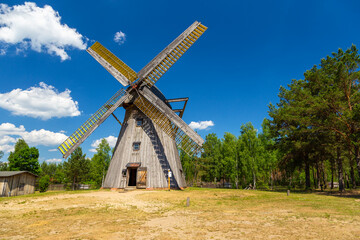 Dutch type windmill from Brusy, Wdzydze Kiszewskie, Poland. - obrazy, fototapety, plakaty
