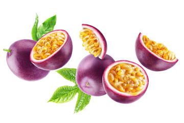 Group of flying ripe passion fruits whole and in half with leaves isolated on a white background. - obrazy, fototapety, plakaty