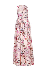 Long summer silk floral dress on a white background.