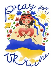 Pray for Ukraine poster. Ukrainian woman with heart.
