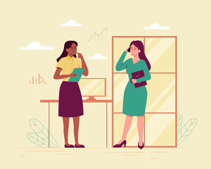 Obraz premium Business women concept. Girl talking on phone, boss discussing latest news with her subordinate. Entrepreneur in office, busy character, successful negotiations. Cartoon flat vector illustration