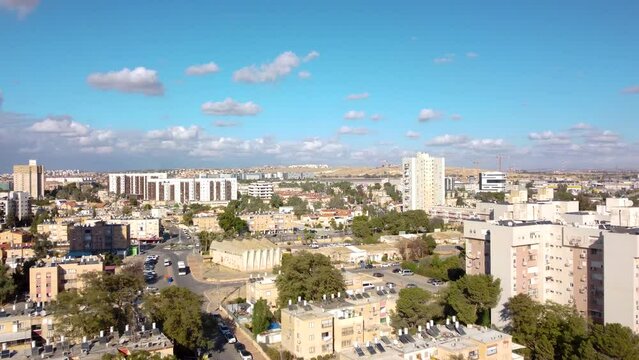 Flight forward over the old residential district in Beer Sheva city at winter