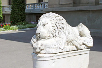 Lion marble sculpture in Nemyriv (Nemirov) near Scherbatova Palace, Vinnytsia oblast, Ukraine