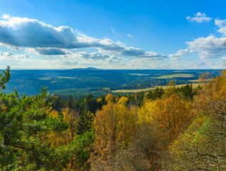 view in curvy landscape with forests in autumn on sunny day