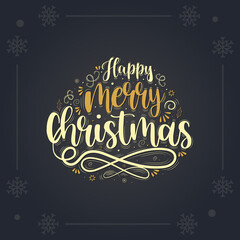 Happy Merry Christmas Greeting Card. lettering design on Blue background, vector illustration.