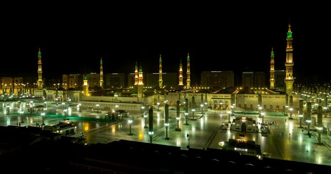 Evening time-lapse looking over the Al Masjid Al Abawi Mosque in Medina