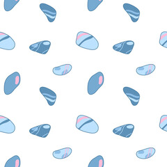 Vector pattern with sea pebbles in cartoon style, stones, cubes, geometric shapes. Children's illustration for postcards, posters, pajamas, fabrics