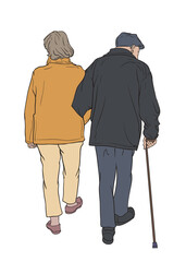 Multi colored vector illustrationn of an elderly couple in back view