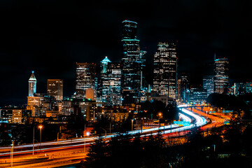 Fototapeta na wymiar Seattle skyline from the Jose Rizal Bridge, in Seattle, Washington, USA