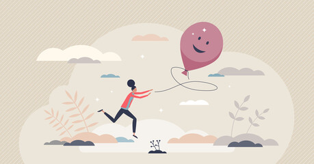 Happiness determination and female pursuit for happy times tiny person concept. Chase balloon of joy and optimistic positivity vector illustration. Never give up and be enthusiastic about future goals - obrazy, fototapety, plakaty
