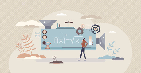 Fototapeta premium Functions as mathematical equation automatic solution tiny person concept. Algebra calculations using geometry or science commands vector illustration. Process automation using data script technology.