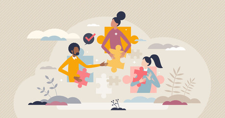 Team cooperation as business partnership or collaboration tiny person concept. Jigsaw puzzle as creative ideas in brainstorming for startup company vector illustration. Find solution in people synergy