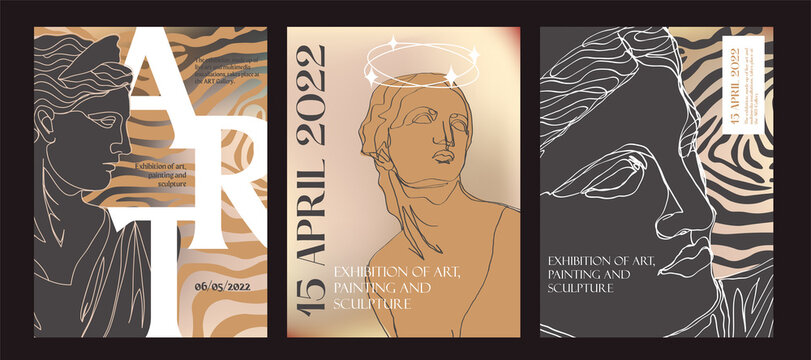 Art posters for the exhibition of painting, sculpture and music. Vector illustration of abstract background, greek sculpture, for magazine or cover	