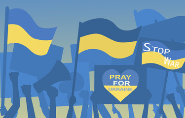 Silhouette protesters holding loudspeakers, banner and flags. People praying for Ukraine end war protest. Vector illustration Eps10.