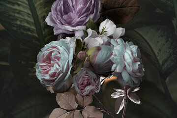 Obraz premium vintage bouquet on a botanical background, white and purple roses, photo collage