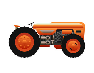 orange retro futuristic tractor isolated on white, atompunk or dieselpunk vehicle design concept