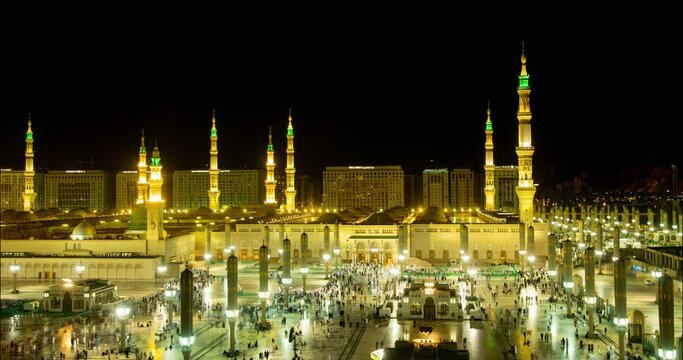 Night to day morning transition time-lapse looking over the Al Masjid Al Abawi Mosque in Medina. 