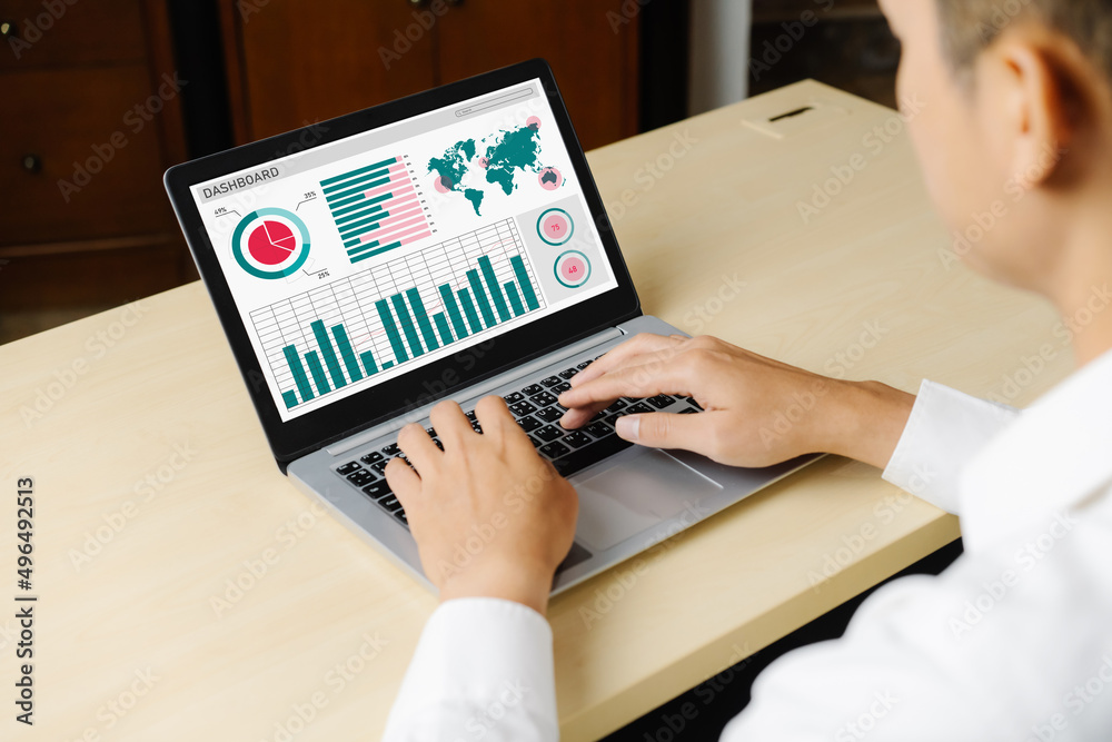 Poster business data dashboard analysis by ingenious computer software . investment application display bus