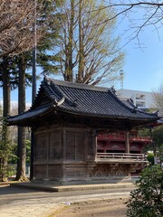 Japanese shrine architectural detail, wooden structure.  Spring 2022, Nezu Shrine, Tokyo Japan