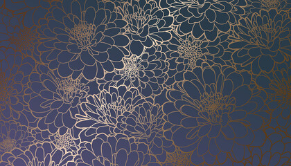 Golden metallic foiled contour chrysanthemum flowers on dark gradient purple blue green background. Decorative print for wallpaper, wrapping, textile, fabric, wedding invitation, greeting - obrazy, fototapety, plakaty