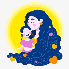 Mom caringly hugging her little daughter on Mother's Day, flat vector illustration