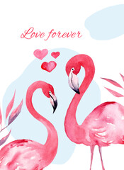 Birds in love. Valentine's Day. Love forever. Birds and hearts. Watercolor illustration on white background. Isolated. Postcard. Wedding card.