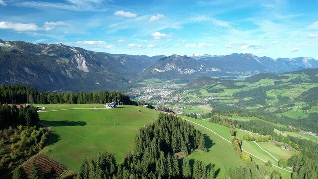 Drone shot of a beautiful summer alps landscape and mountain meadows. Inntal, Tyrol, Austria.