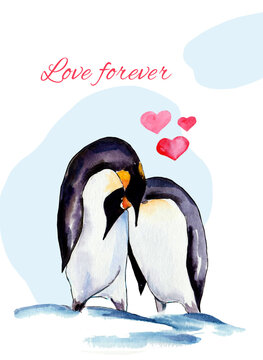 Birds in love. Valentine's Day. Love forever. Birds and hearts. Watercolor illustration on white background. Isolated. Postcard. Wedding card.